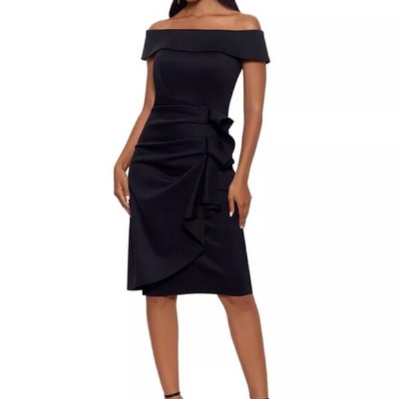 Xscape Dresses & Skirts - Xscape Black Ruffle Off the Shoulder Scuba Cocktail Dress